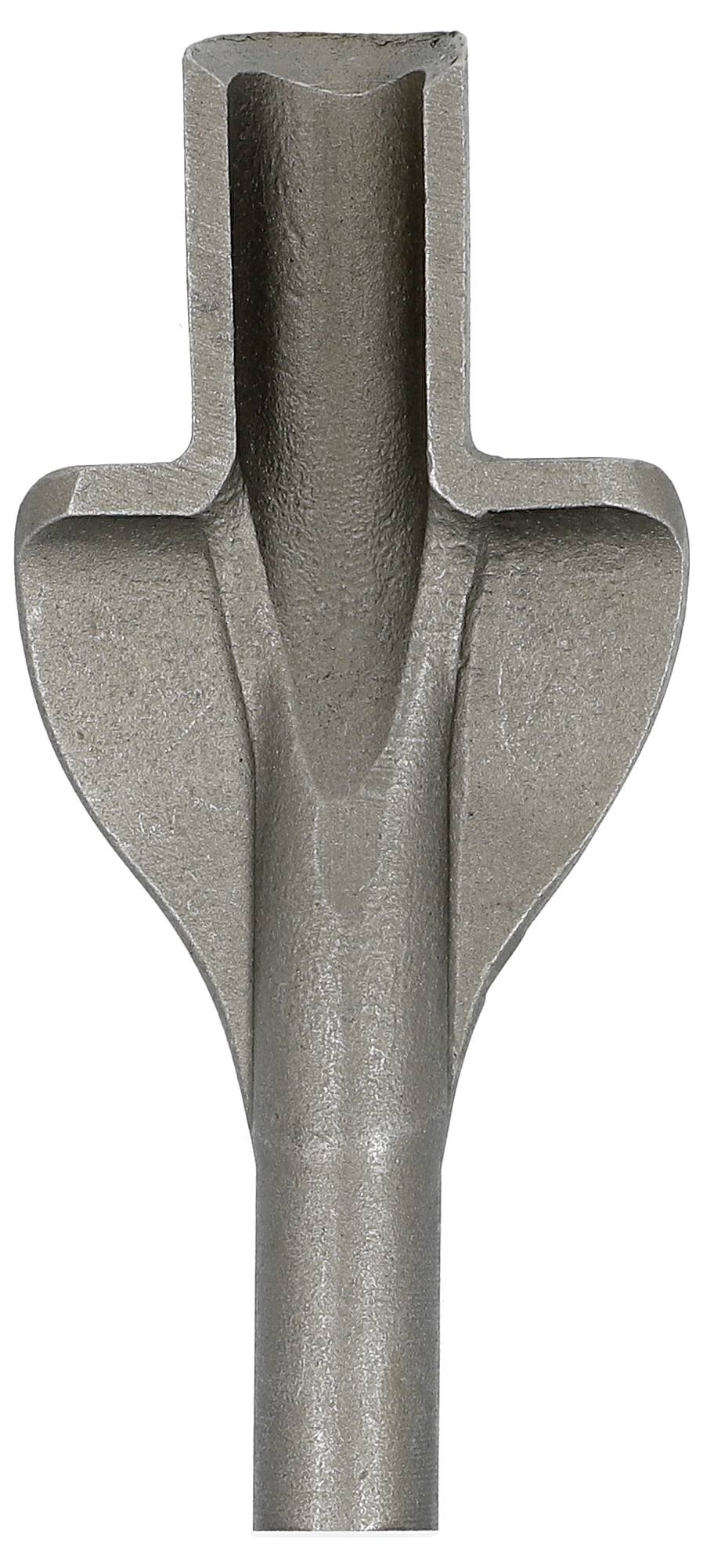 Metallbohrmeißel mit breitem meiselförmigem Kopf und langem Schaft, isoliert auf weißem Hintergrund dargestellt.