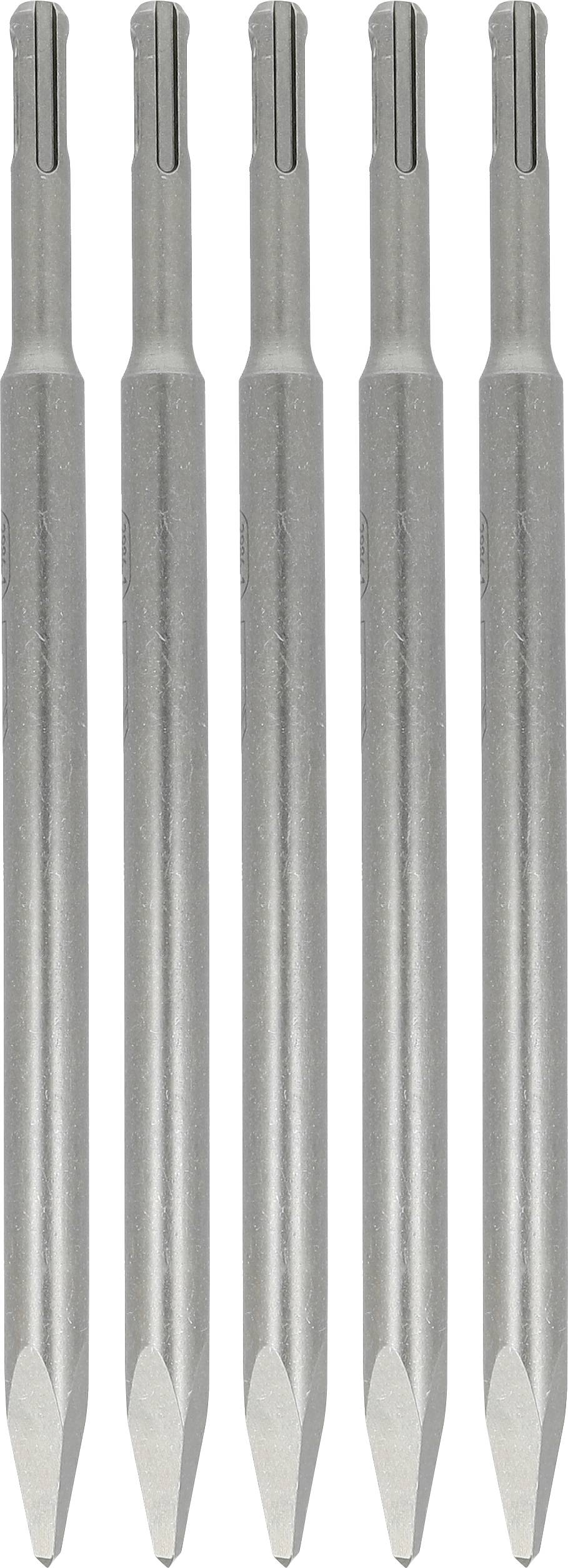 Fünf silberne Metallbohrer mit langen Schäften und spitzen Spitzen, aufrecht nebeneinander auf weißem Hintergrund angeordnet.