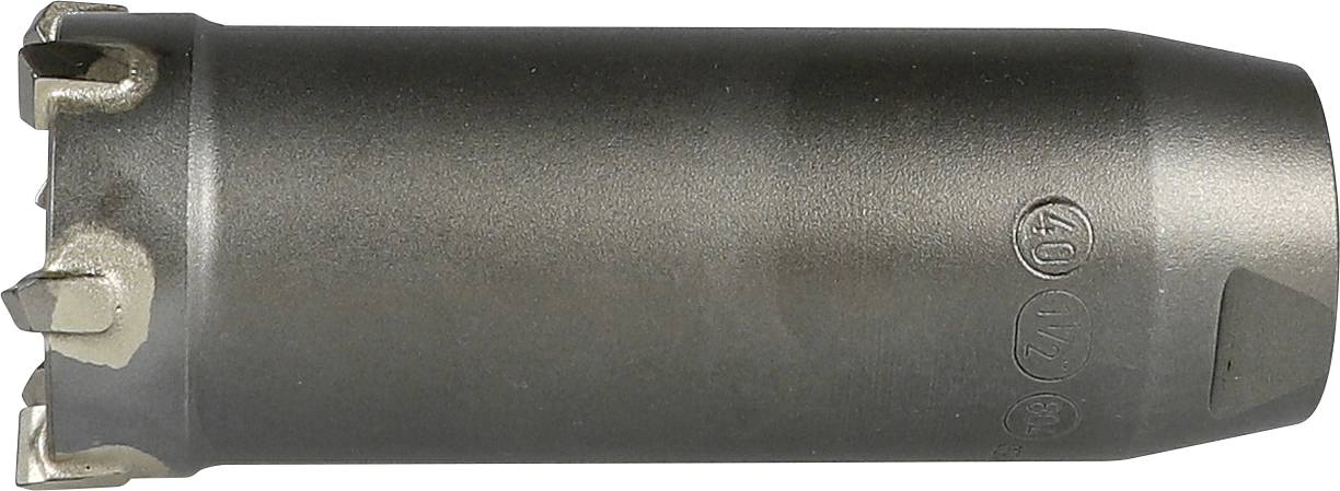 Dunkler metallischer zylindrischer Bohrer oder Kernbohrer mit zwei silbernen Schneidezähnen am linken Ende und einer konischen Spitze am rechten Ende.