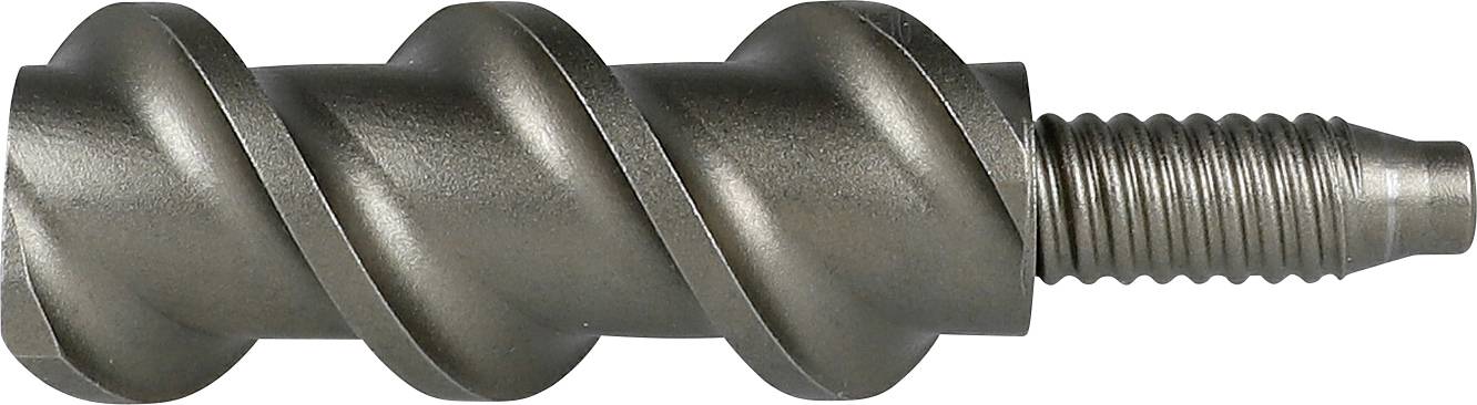 Nahaufnahme eines Metallschneckenbohrers mit spiralförmigen Blättern und gewindeliertem Schaft, gezeigt auf weißem Hintergrund.