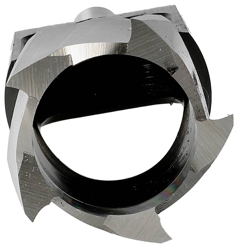 Nahaufnahme eines Metallschneidewerkzeugs mit einem kreisförmigen Mittelloch und sechs scharfen Schneidekanten, gezeigt vor weißem Hintergrund.