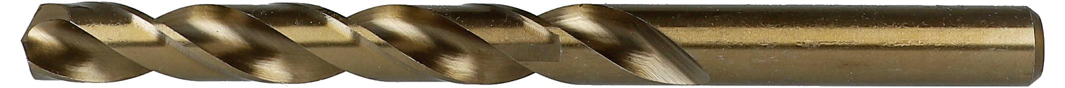 Metallischer Spiralbohrer mit goldener Beschichtung, horizontal auf weißem Hintergrund dargestellt.