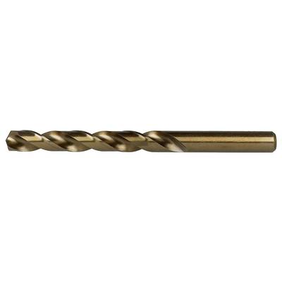 Metallischer Spiralbohrer mit goldener Beschichtung, horizontal auf weißem Hintergrund dargestellt.