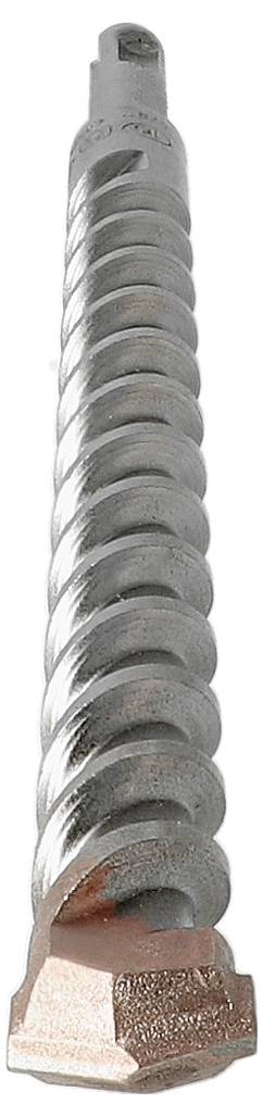 Nahaufnahme eines Metallmauerwerksbohrers mit spiralförmigen Nuten und einer spitzen Hartmetallspitze auf weißem Hintergrund.