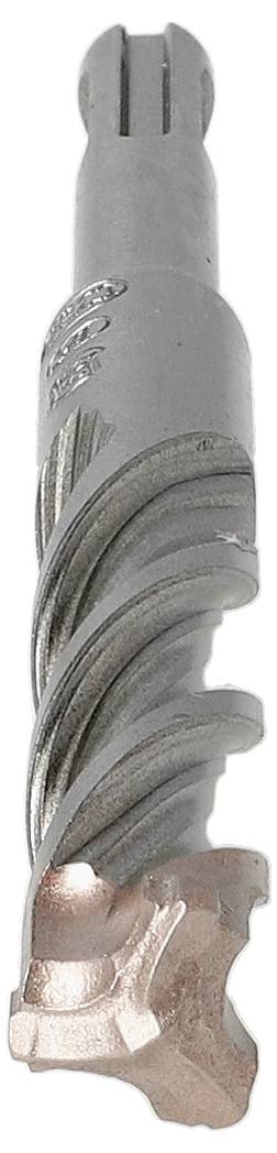 Nahaufnahme eines Metallbohrers mit spiralförmigen Nuten und einer abgenutzten kupferfarbenen Schneidkante auf weißem Hintergrund.
