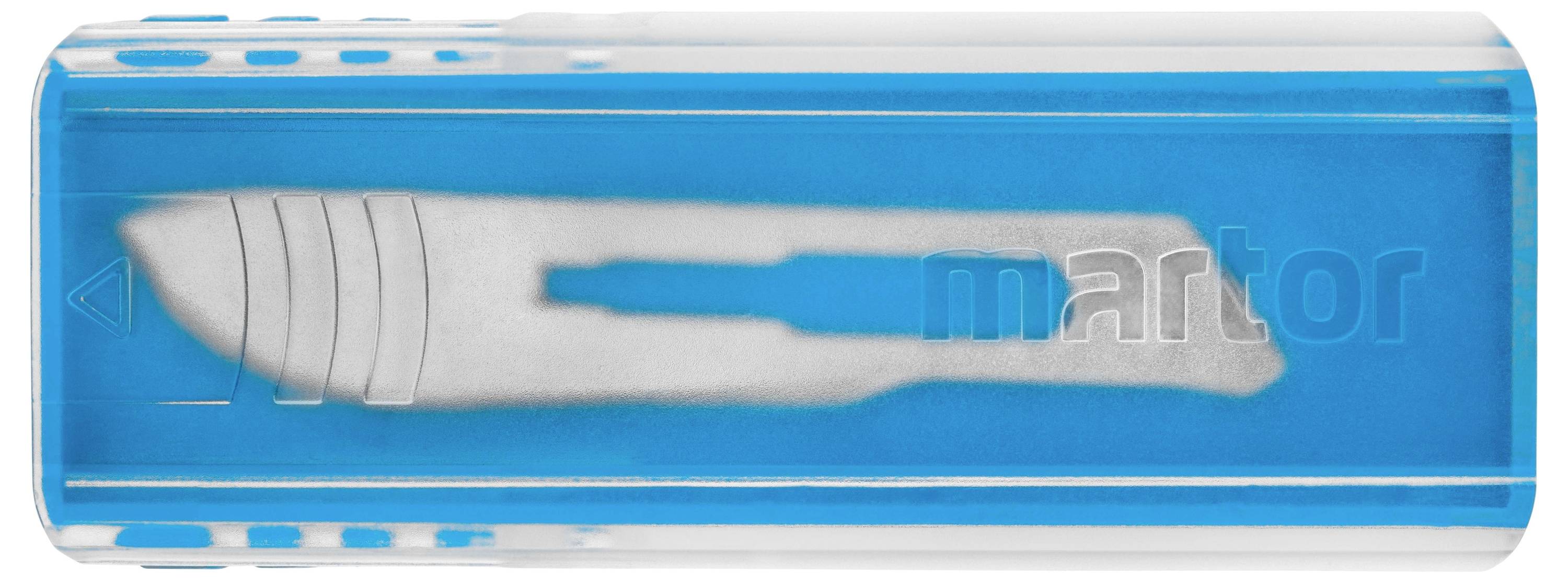 Ein blaues Kunststoffetui enthält ein silbernes Einwegmesser; Marke ist schwach erkennbar.