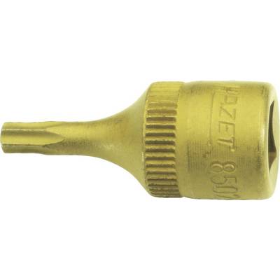 Goldfarbener Torx-Bit-Aufsatz mit geriffeltem Rand, Gravuren und sechskantiger Basis.