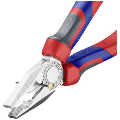 Rote und blaue Kombizange mit rutschfestem Griff, geeignet für Greif- und Schneidearbeiten. Hochwertige Metallzangenbacken.
