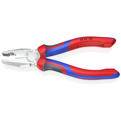 Eine rote und blaue Kombizange mit ergonomischem Griff, geeignet für Schneiden, Greifen und Halten.