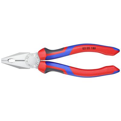 Eine rote und blaue Kombizange mit isolierten Griffen und gezahnter, verchromter Spitze für das Greifen und Schneiden von Drähten.