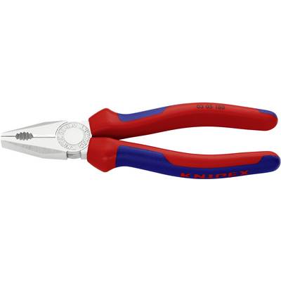 Rote Kombizange mit blauen Griffen, geschlossen. Herstellername 'KNIPEX' auf Griff und Modellnummer auf der Zange eingraviert.