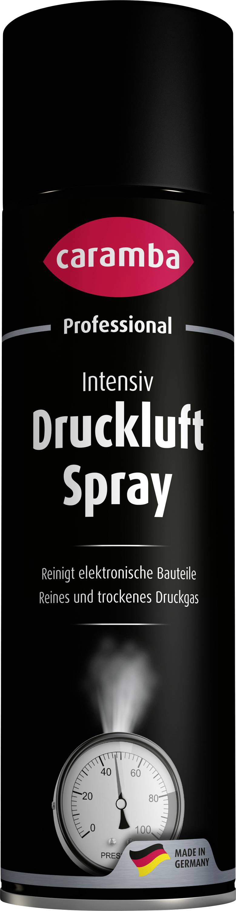Schwarze Caramba Professional Intensiv Druckluft Spraydose mit Druckanzeige-Grafik, bezeichnet als Druckluft-Reiniger für elektronische Komponenten, hergestellt in Deutschland.