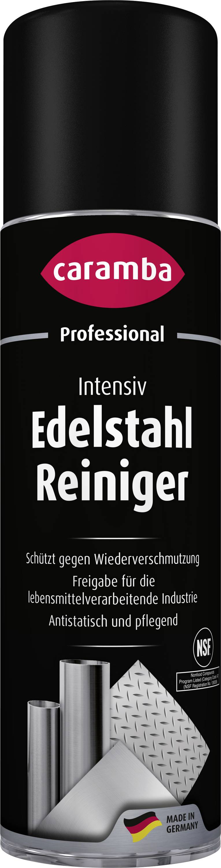 Caramba Professioneller Intensiv Edelstahl-Reiniger-Spraydose mit Edelstahlrohren und deutscher Flagge „Made in Germany" auf schwarzem Hintergrund.