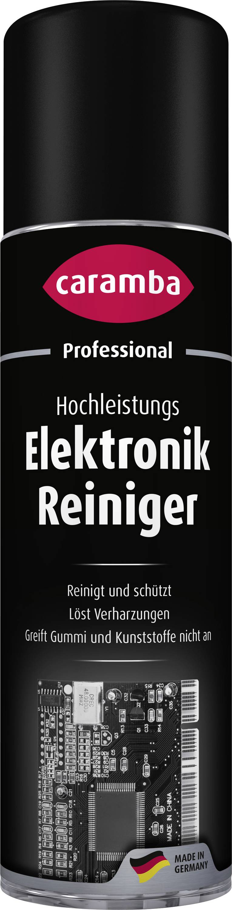 Caramba Professionelle Elektronik-Reinigungsspray-Dose, gekennzeichnet mit „Hochleistungs Elektronik Reiniger" und „Reinigt und schützt", mit Leiterplattenbild und „Made in Germany" Kennzeichnung.