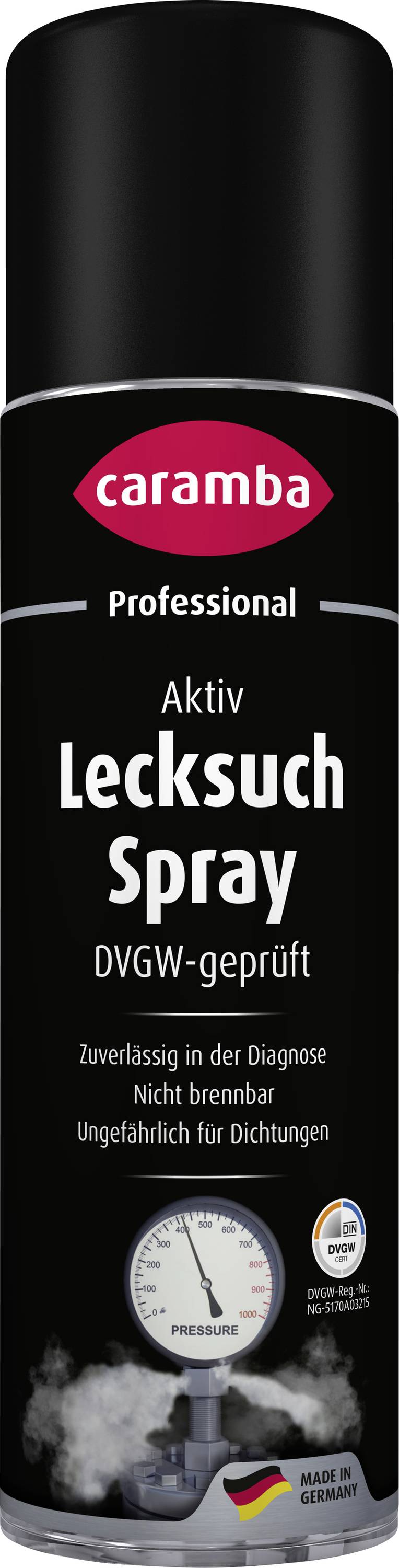 Dose Caramba Professional Aktiv Lecksuch Spray, ein Lecksuchspray mit Druckmesser und deutschem Etikett, das anzeigt, dass es nicht brennbar ist und für Dichtungen sicher ist.