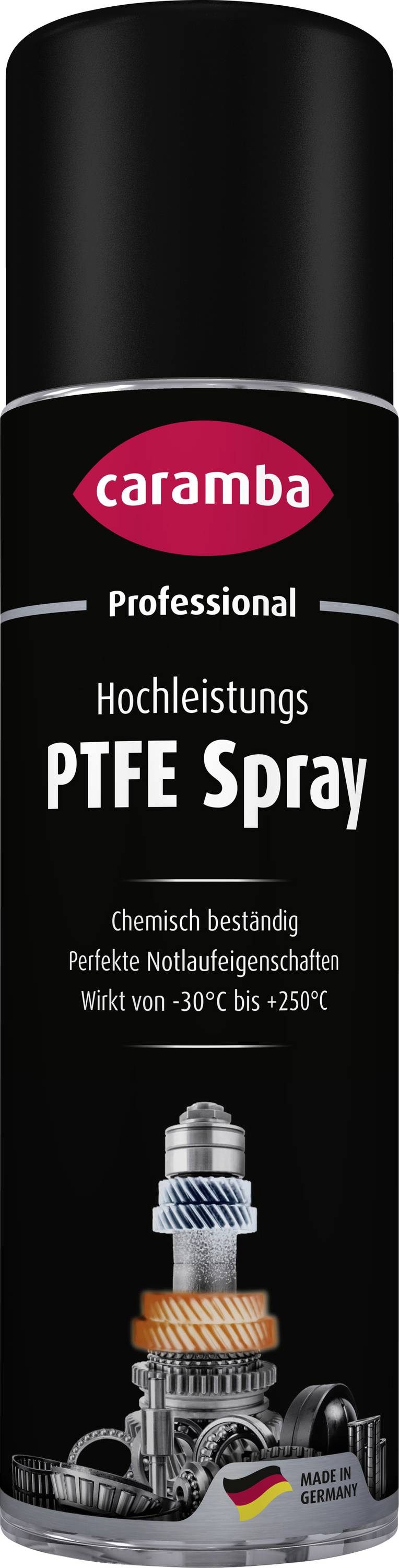 Caramba Professional PTFE-Sprühdose, gekennzeichnet mit „Hochleistungs PTFE Spray" mit chemischer Beständigkeit, Temperaturbereich und Motorteile-Grafik.