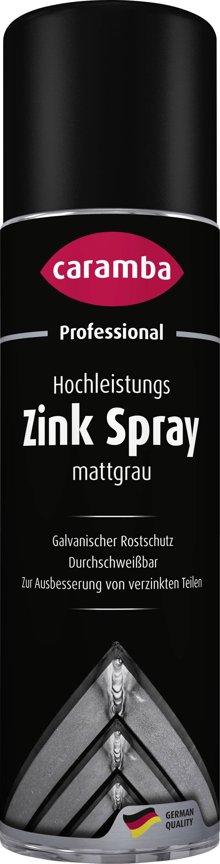 Caramba Professionelle Hochleistungs-Zinkspray in matter grauer Farbe, gekennzeichnet für Korrosionsschutz von galvanisierten Oberflächen und Ausbesserung von beschädigten Zinkbeschichtungen.