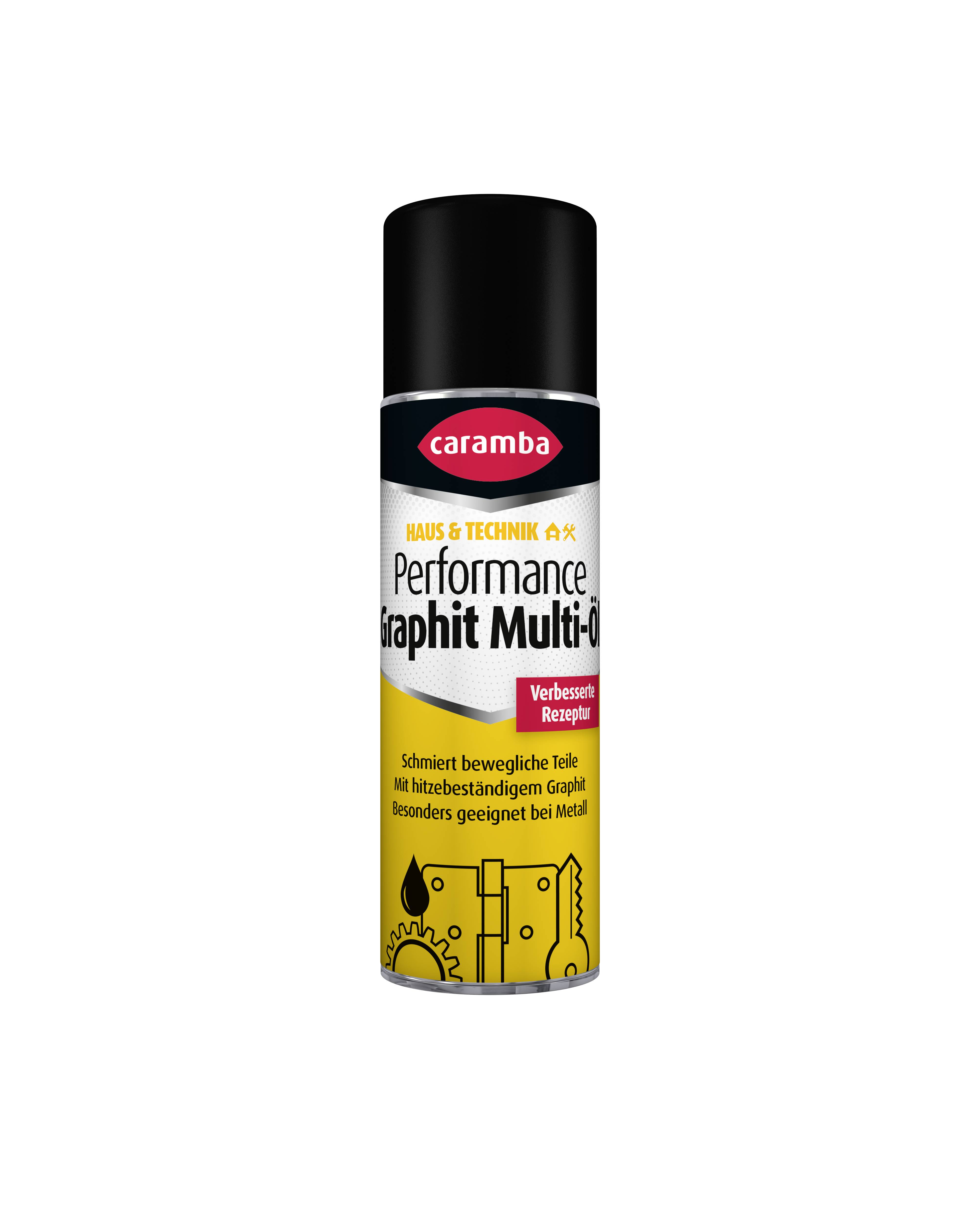 Eine Dose Caramba Performance Graphit Multi-Öl-Spray-Schmiermittel auf weißem Hintergrund.