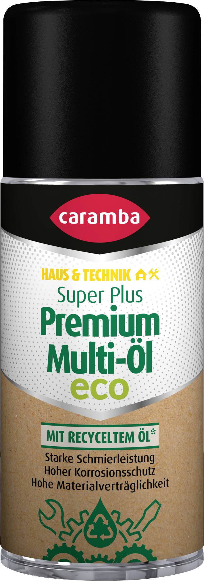 Caramba Super Plus Premium Multi-Öl Öko Sprühdose mit recyceltem Öl Etikett, schwarzer Kappe und deutschem Text zum Rostschutz und hoher Leistung.