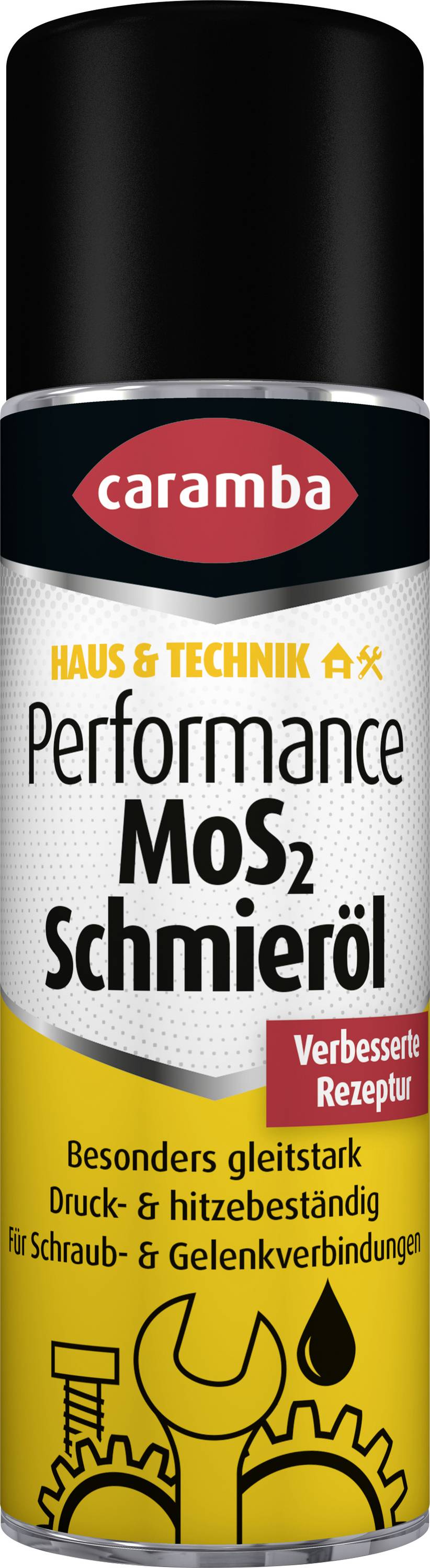 Eine Dose Caramba Performance MoS2-Schmiermittel, gekennzeichnet mit „Haus & Technik", „MoS2 Schmieröl" und „Verbesserte Rezeptur" für Verschleiß-, Wärme- und Druckschutz.