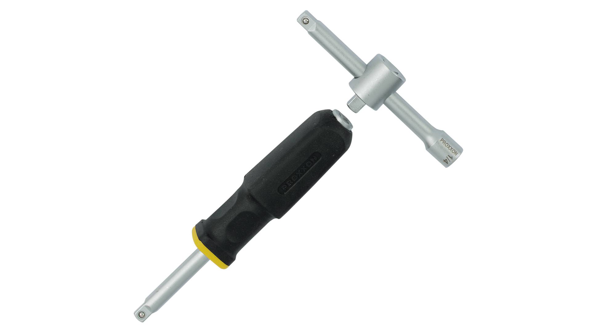 T-Griff-Steckschlüssel mit einem schwarzen Griff und einem gelben Band, zusammen mit einem kreuzförmigen Schraubenschlüsselkopf.