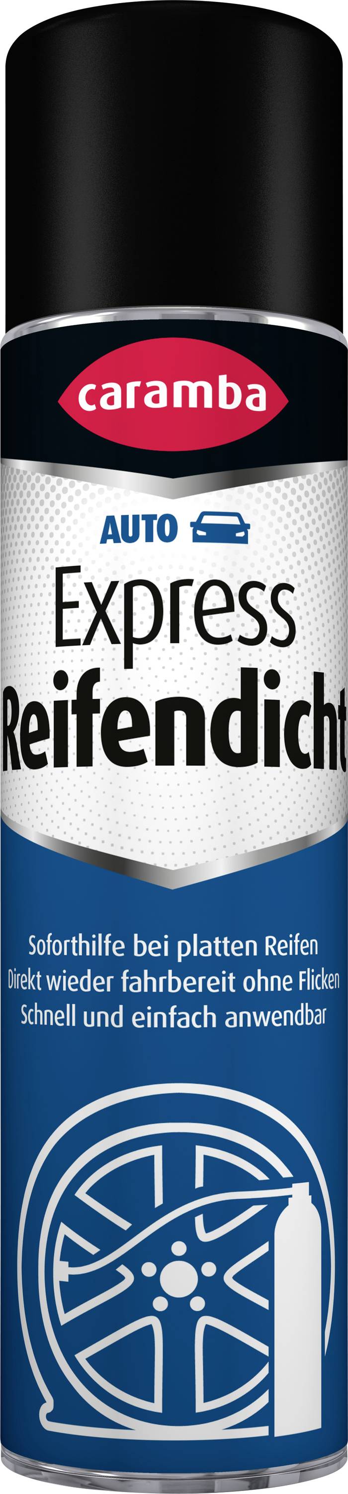 Eine Dose Caramba Auto Express Reifenflick, ein Reifendichtstoff für schnelle Reparaturen von Reifenpannen, mit einem Radsymbol und deutschem Gebrauchstext.