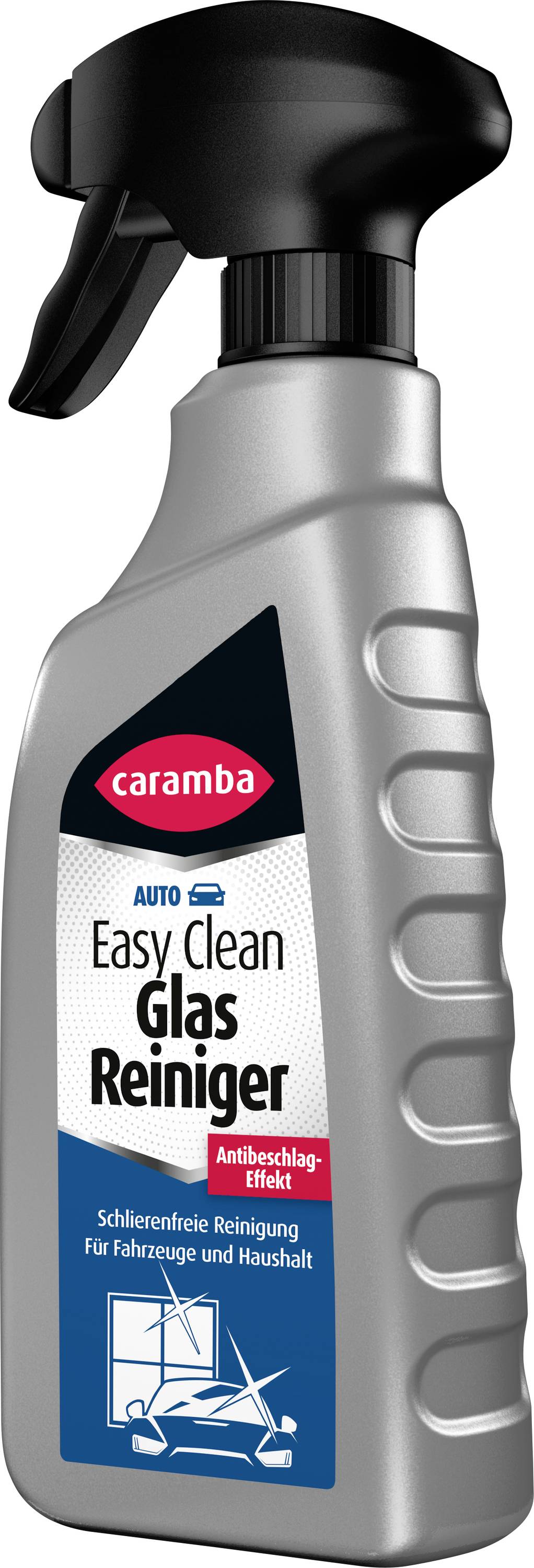 Graue Sprühflasche von Caramba 'Auto Easy Clean Glas Reiniger' Glasreiniger, mit schwarzem Auslöser und rotem Etikett.
