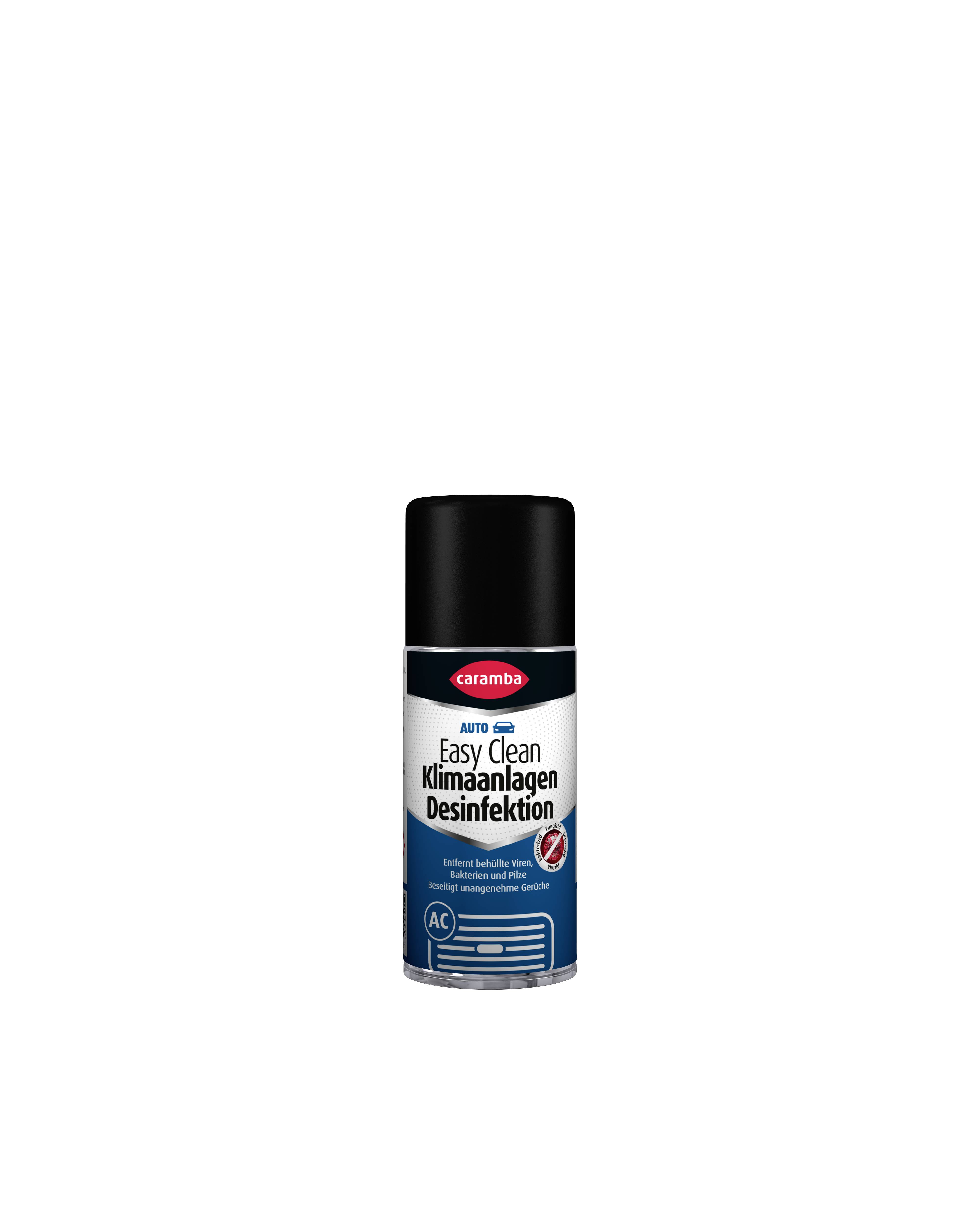 Dose Caramba Auto Easy Clean Klimaanlagen-Desinfektionsspray mit schwarzem Deckel und blauem Etikett auf weißem Hintergrund.
