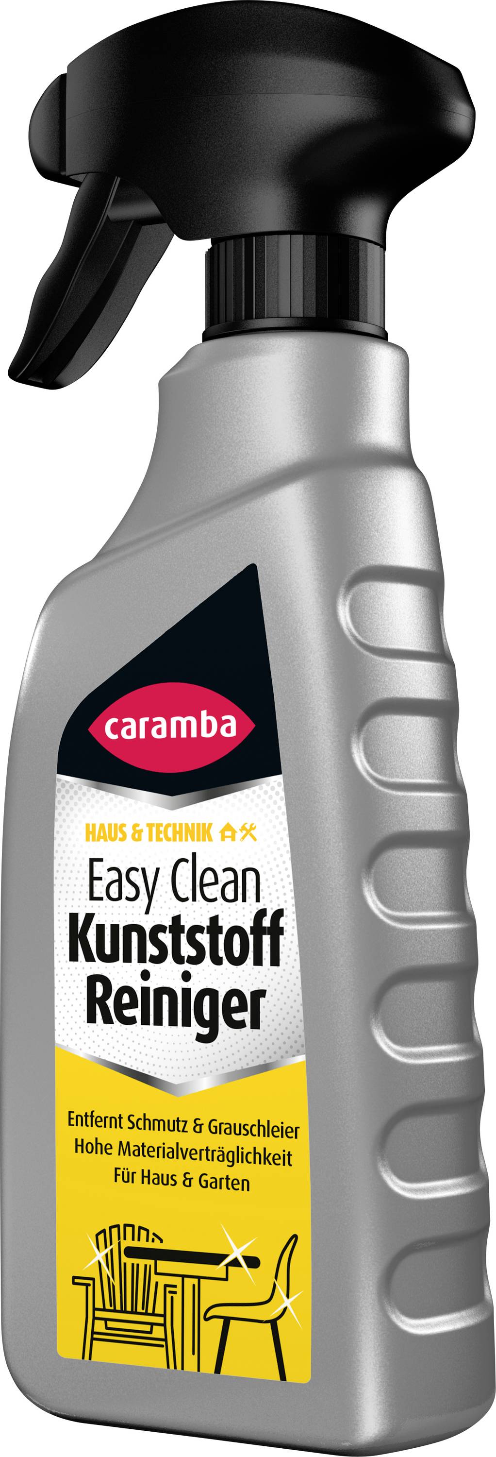 Flasche Caramba Easy Clean Kunststoffreiniger-Spray mit schwarzer Sprühpistole und gelbem Etikett zur Verwendung im Haus, Auto und Garten.