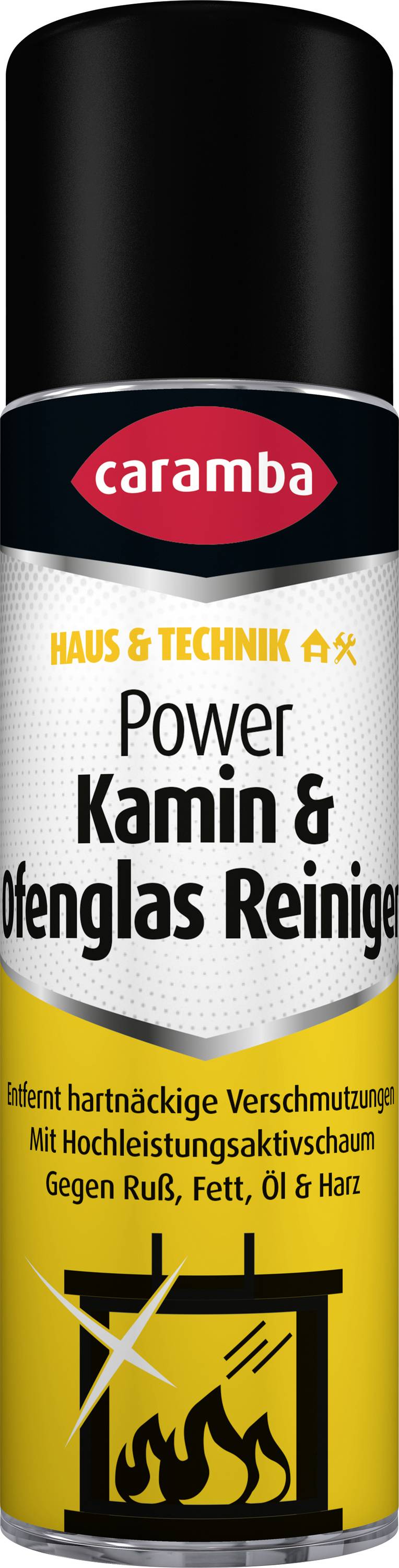 Eine Dose Caramba Power Kamin & Ofenglas Reiniger, ein Reiniger für Kamine und Ofenglas, mit Flammen- und Kaminfeuer-Symbol.