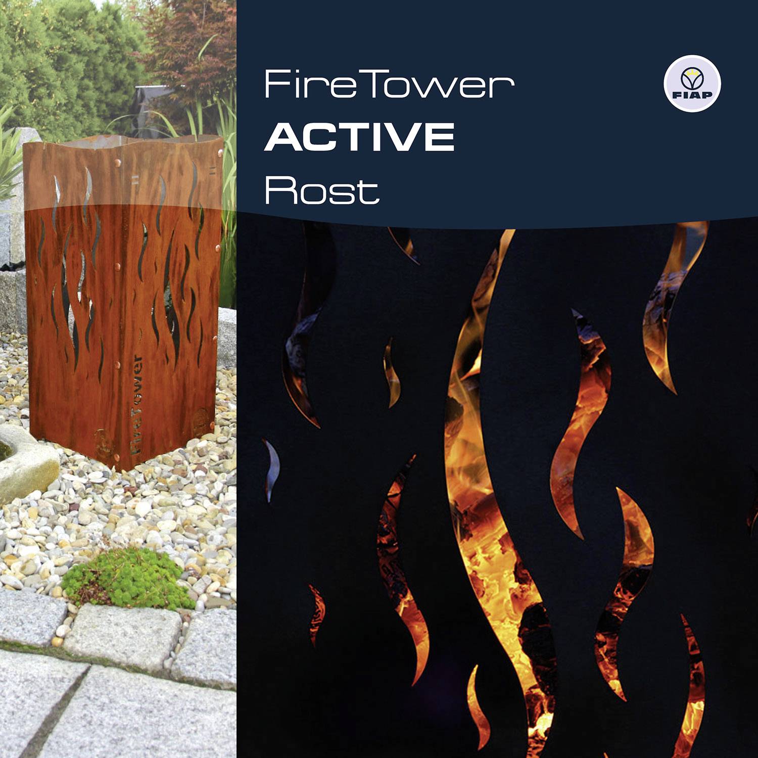 Ein Rost-Feuerturm auf einem Kies- und Pflastersteingarten dargestellt. Text rechts: 'FireTower ACTIVE Rost'.