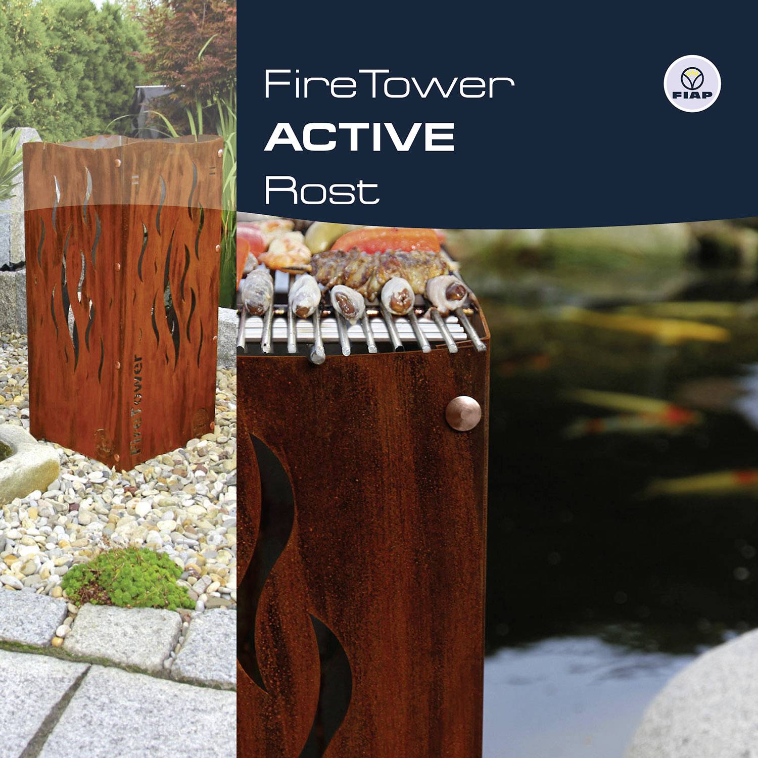 Stählerner, rostbrauner Feuerturm in einem Garten, umgeben von Kies und Pflanzen. Rechts oben Schriftzüge 'FireTower ACTIVE Rost'.