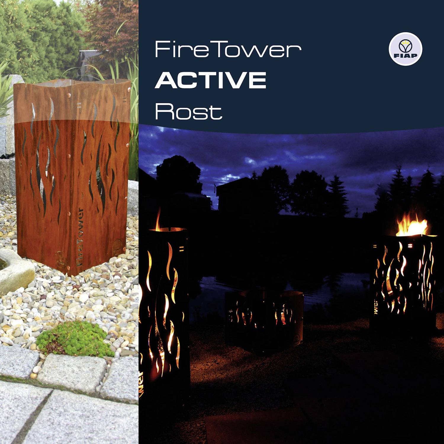 Links im Bild steht eine rostige Feuersäule neben einer Gartenpflanze. Rechts: Text 'FireTower ACTIVE Rost' auf dunklem Hintergrund.