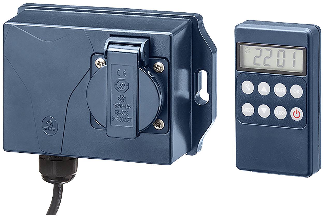 Industrie-Steckdose mit digitalem Timer-Display, zeigt '2201'. Rechts davon eine Steuerungseinheit mit mehreren Tasten.