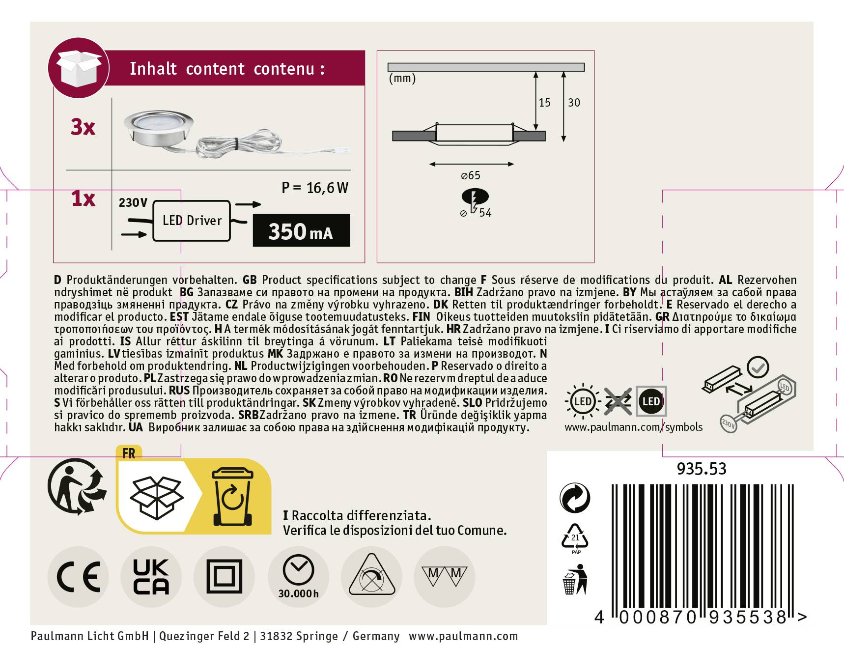 'Inhalt': 3x LED-Lampe mit Treiber, 1x LED-Treiber. Leistung: 350 mA. Spannung: 230V. Schema der LED-Montage. Warnhinweise und Verpackungssymbole.