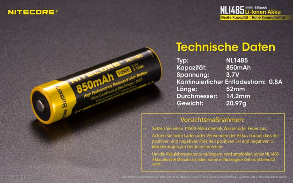 NiteCore NL1485 Spezial-Akku 14500 Li-Ion 3.7 V 850 mAh 1 St.-1