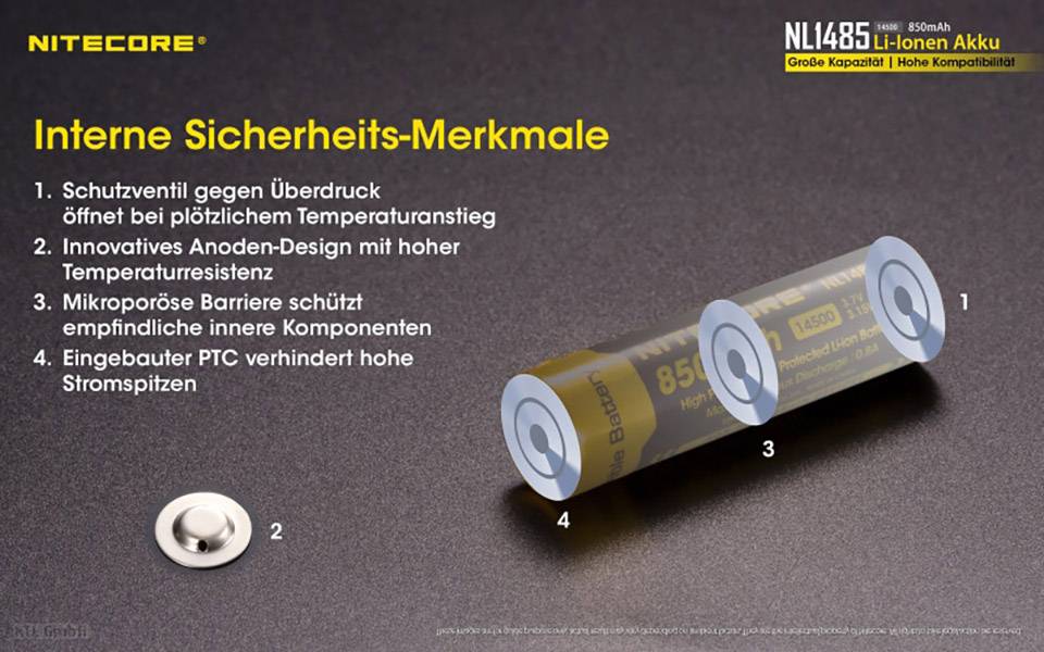 NiteCore NL1485 Spezial-Akku 14500 Li-Ion 3.7 V 850 mAh 1 St.-5