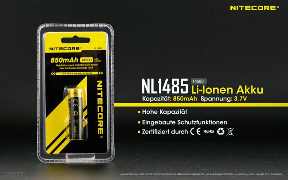 NiteCore NL1485 Spezial-Akku 14500 Li-Ion 3.7 V 850 mAh 1 St.-7