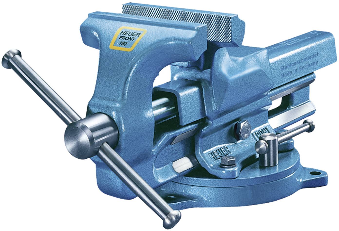 Metallisch-blauer Schraubstock mit schwarzem Griff, befestigt auf einer drehbaren Basis. Werkstattgerät zur Materialfixierung.