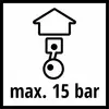 Ein Symbol zeigt ein Haus über einem Kolben mit der Aufschrift 'max. 15 bar', was den maximalen Druck von 15 Bar anzeigt.