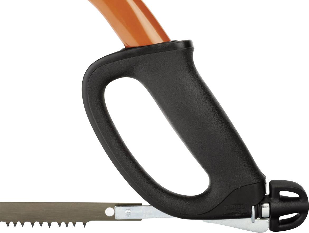Ein schwarzer Griff einer Handsäge mit orangefarbenem Bogen ist abgebildet. Der Griff ist ergonomisch geformt mit zackigen Sägezähnen.