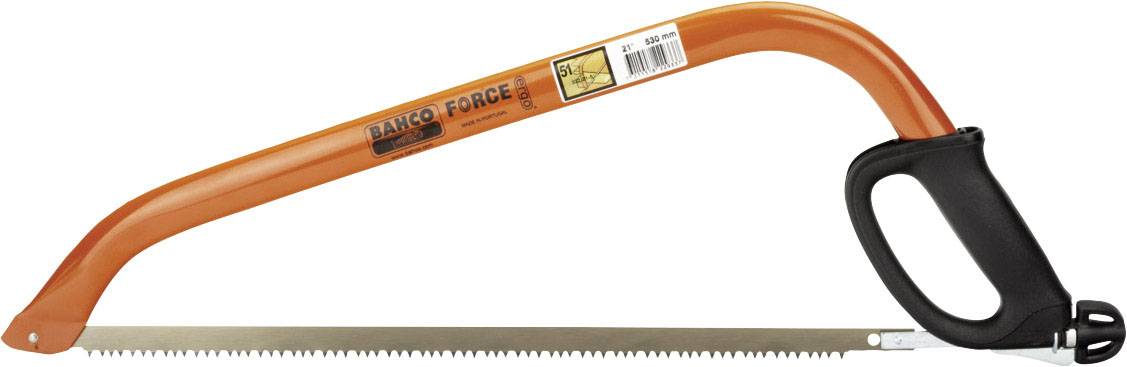 Eine orangefarbene Bügelsäge mit schwarzem Griff und aufgedrucktem Schriftzug.
