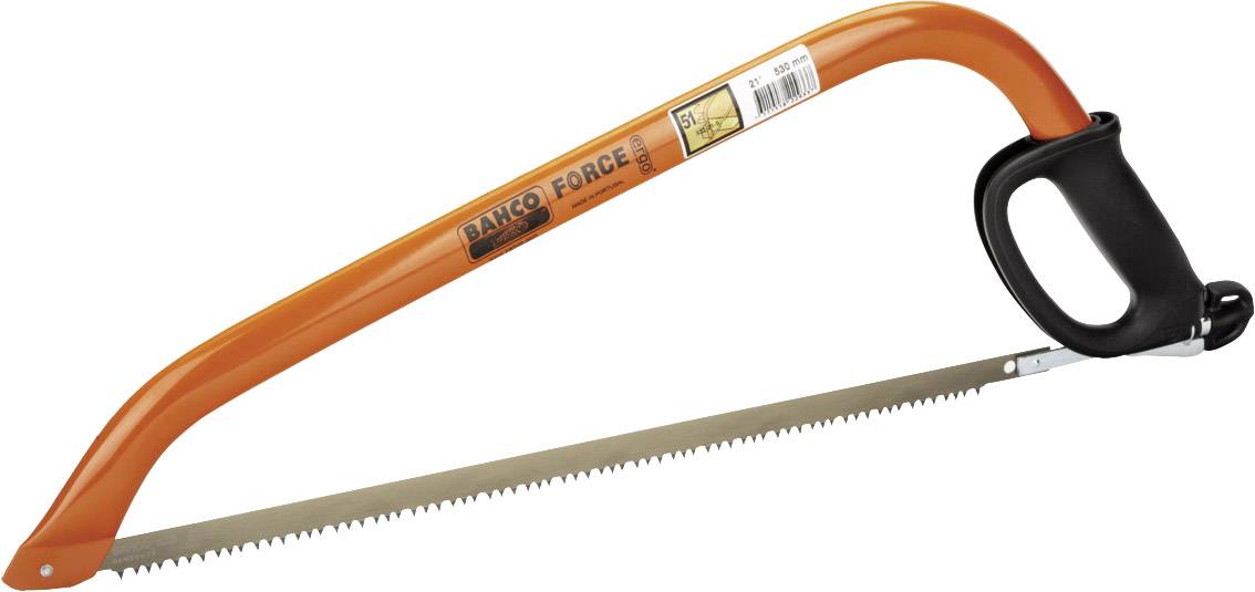 Eine orange Bogensäge mit schwarzem Griff, hergestellt von Bahco, Modell 'Force', geeignet zum Sägen von Holz oder Metall.