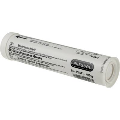 Eine weiße Kartusche mit der Aufschrift 'Mehrzweckfett' und 'Multipurpose Grease', Marke Pressol, 400 g, mit Produktdetails und Gebrauchsanweisung.
