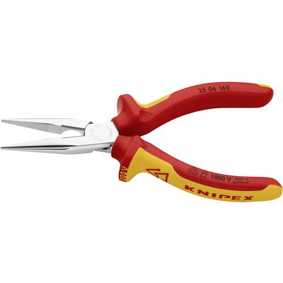 Spitzzange mit rotem und gelbem Griff. Geeignet für Arbeiten mit Spannung bis 1000V. Markierung zeigt Knipex-Logo und Sicherheitszertifikate.