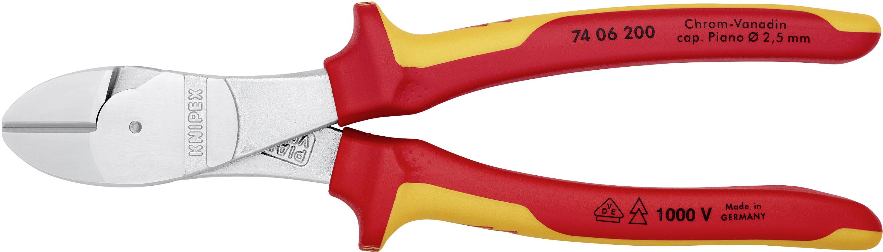 Seitenschneider in Rot und Gelb, geeignet für Arbeiten bis 1000V. Markierungen weisen auf Chrom-Vanadium-Stahl und Herstellungsort hin.