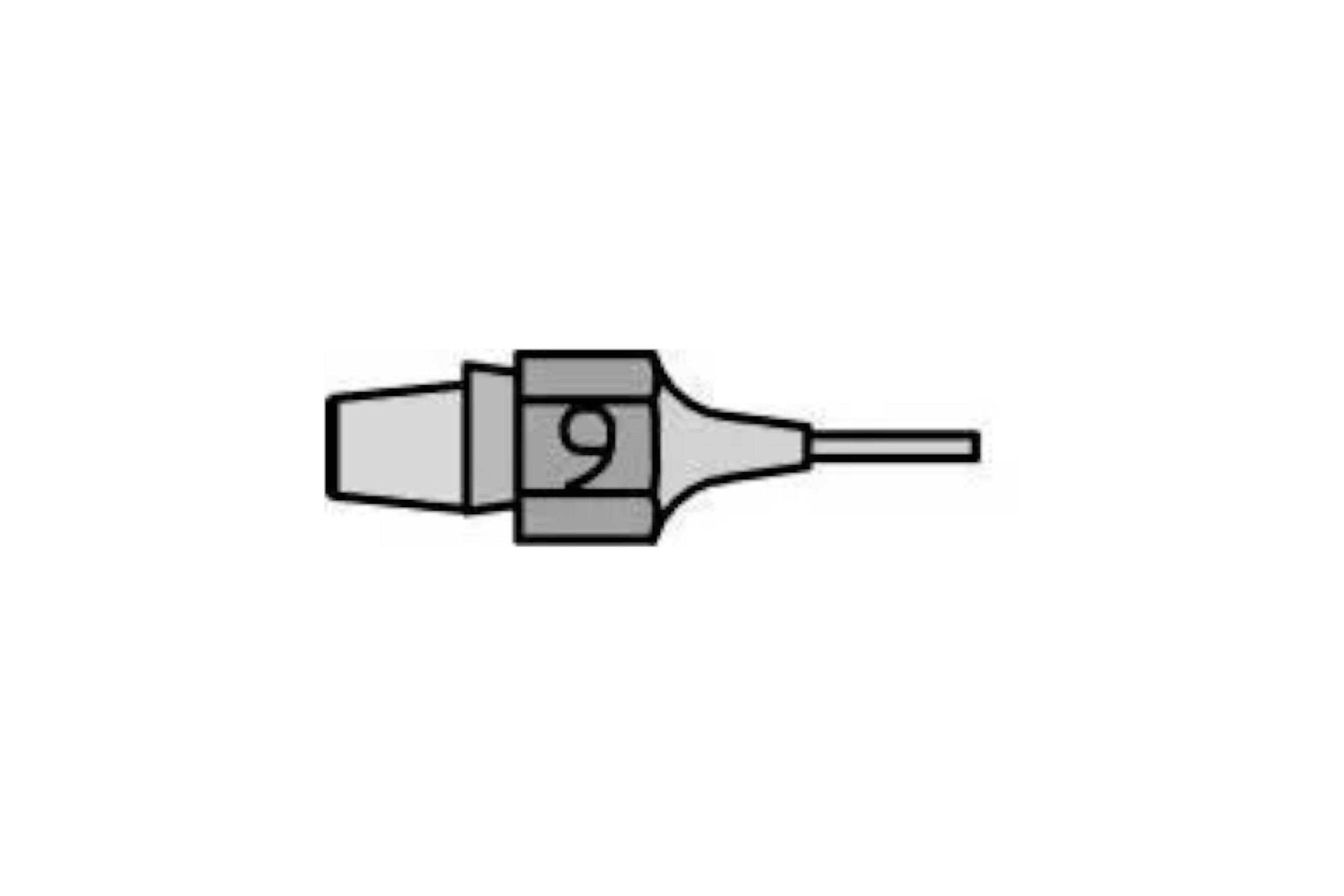 Einfaches Strichsymbol einer Injektionsnadel oder Spritze, in Seitenansicht auf weißem Hintergrund dargestellt.