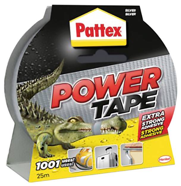 Eine Rolle Pattex Power Tape mit einem Krokodil-Bild, mit Hervorhebung von 'Extra starker Kleber' und '1001 Anwendungen!' in fetter Schrift.