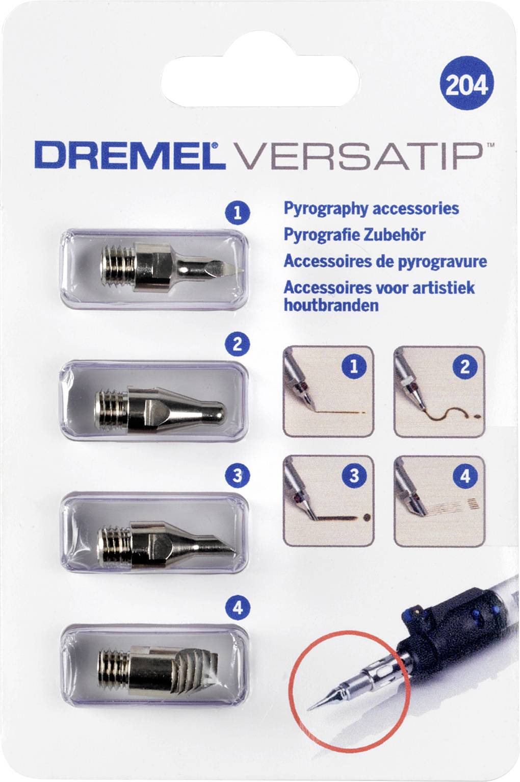 'Verpackung mit Dremel Versatip Pyrographie-Zubehör: Vier verschiedene Spitzen, nummeriert von 1 bis 4, mit Anwendungsbildern.'