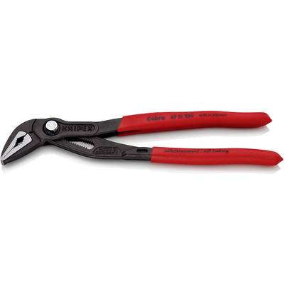 Rote, in Deutschland hergestellte Rohrzange von Knipex, Modell 'Cobra', mit verstellbarer Greiffläche und ergonomischem Griff.